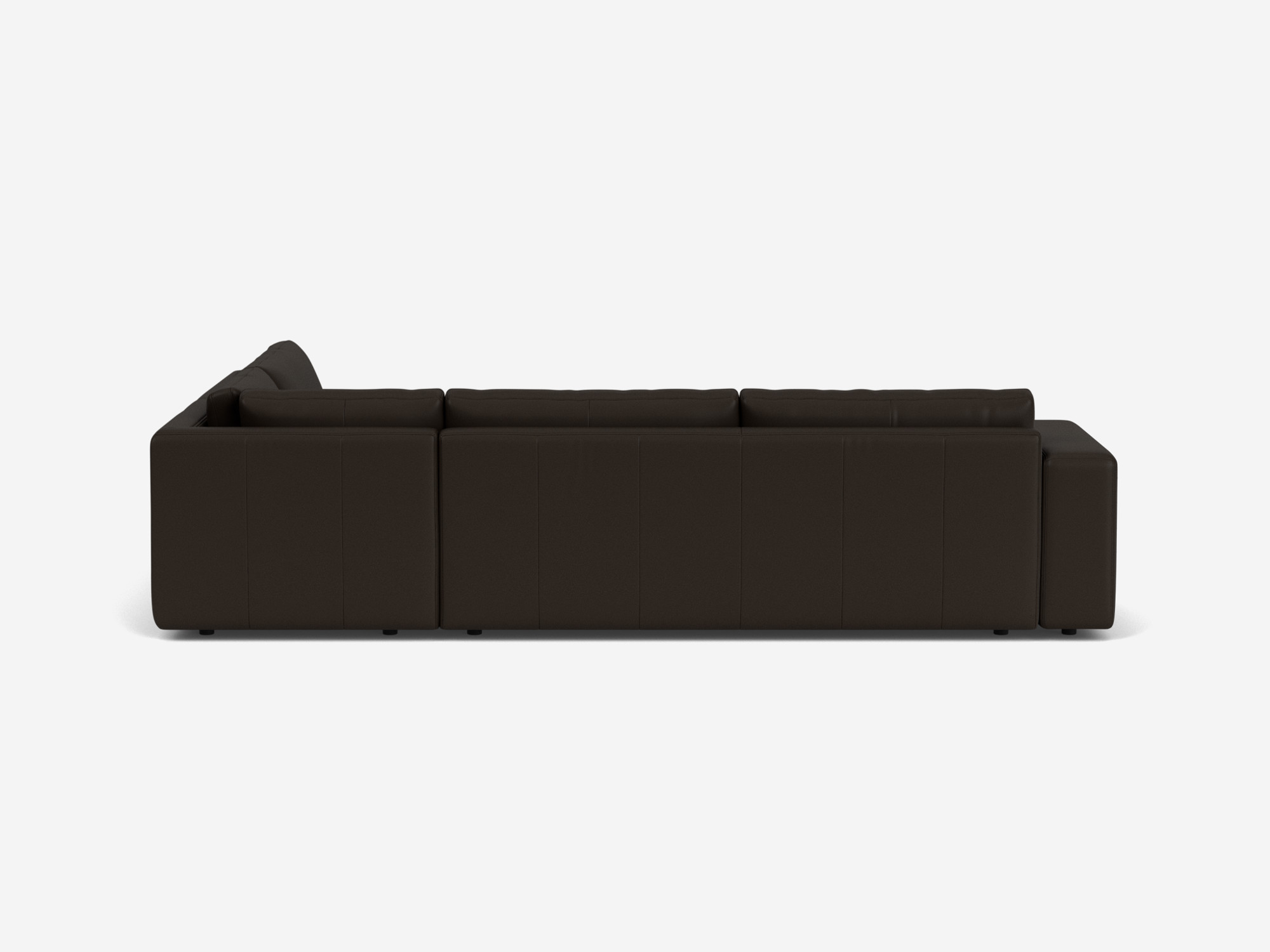 Back view of black leather sectional sofa with right hand chaise